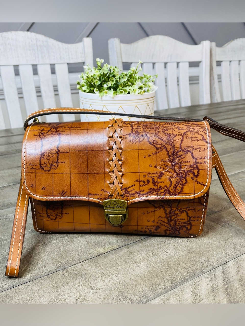 Patricia Nash Lanza Crossbody Bag Vintage Map Tan Leather Braided Accent Clasp